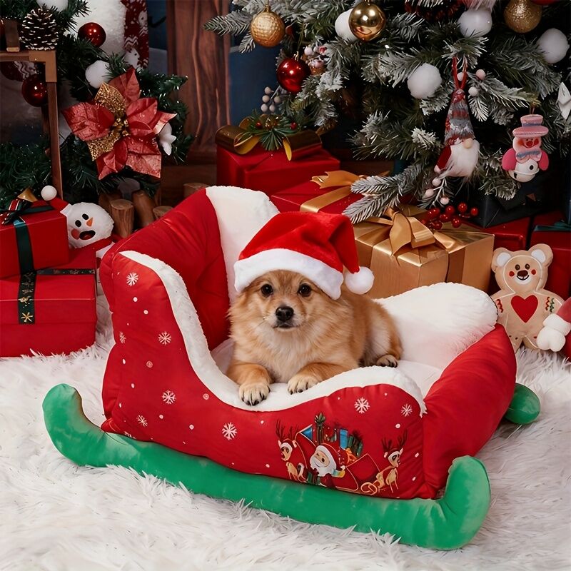 Christmas sled dog bed and dog house-winter warm pet bed, detachable and washable, without assembly, comfortable/outdoor pet sofa, suitable for cats and small dogs, snow house design.