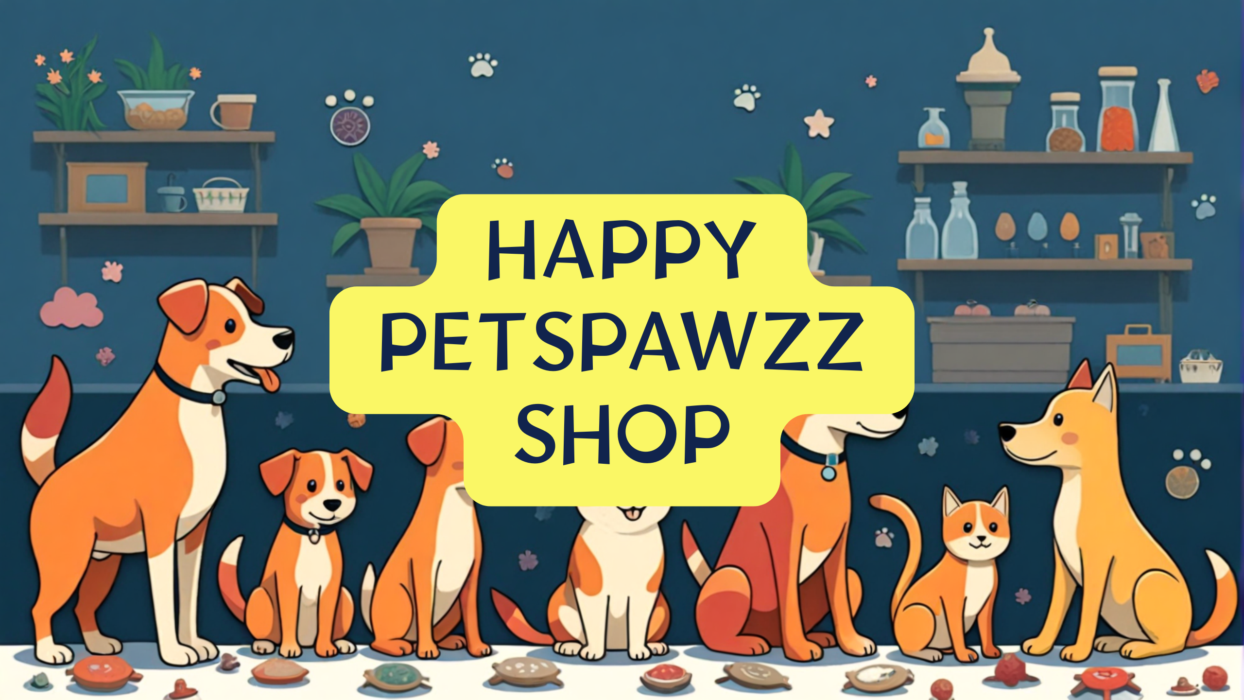 Happy Paws Pet Shop banner showing cartoon dogs and cats with toys and accessories, PetsPawzz Australia.