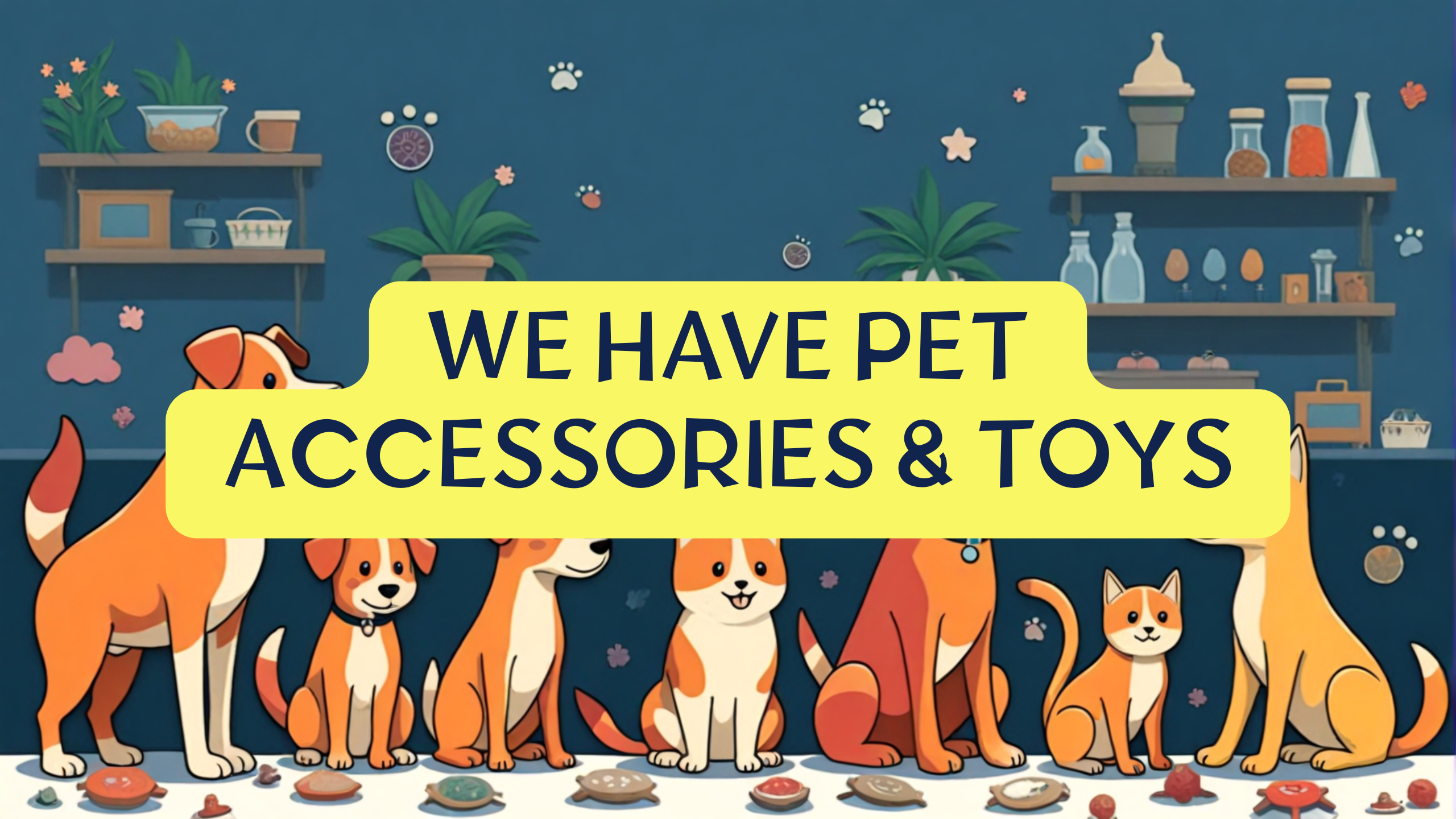 Cartoon illustration of dogs and cats with pet toys and accessories on shelves with plants, dark blue background, PetsPawzz Australia.